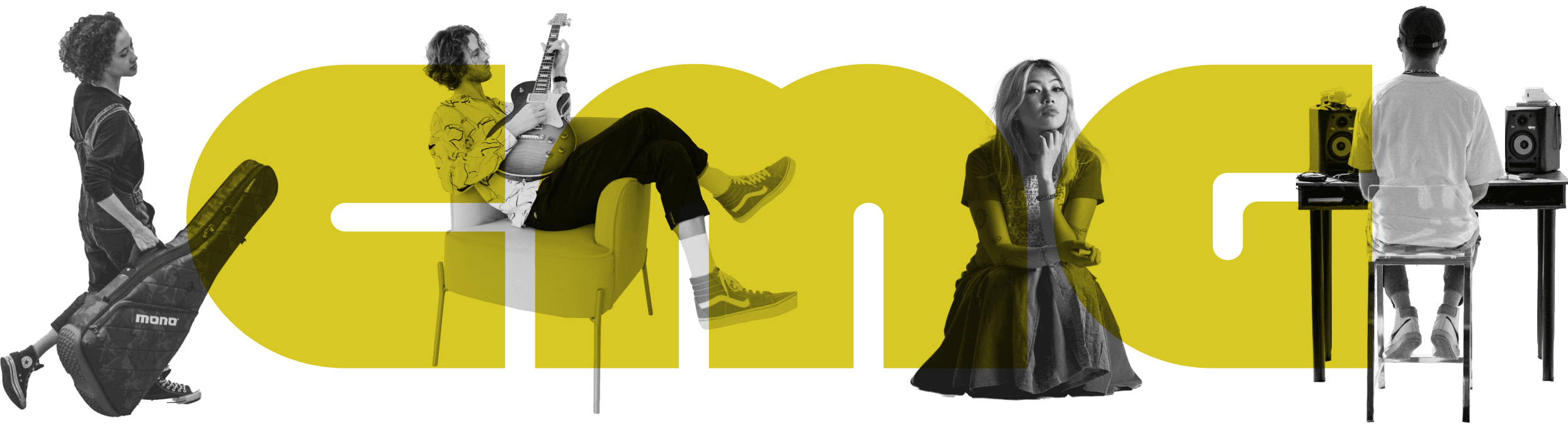 Caldecott Music Group footer image showing CMG letters with people playing instruments and working in music