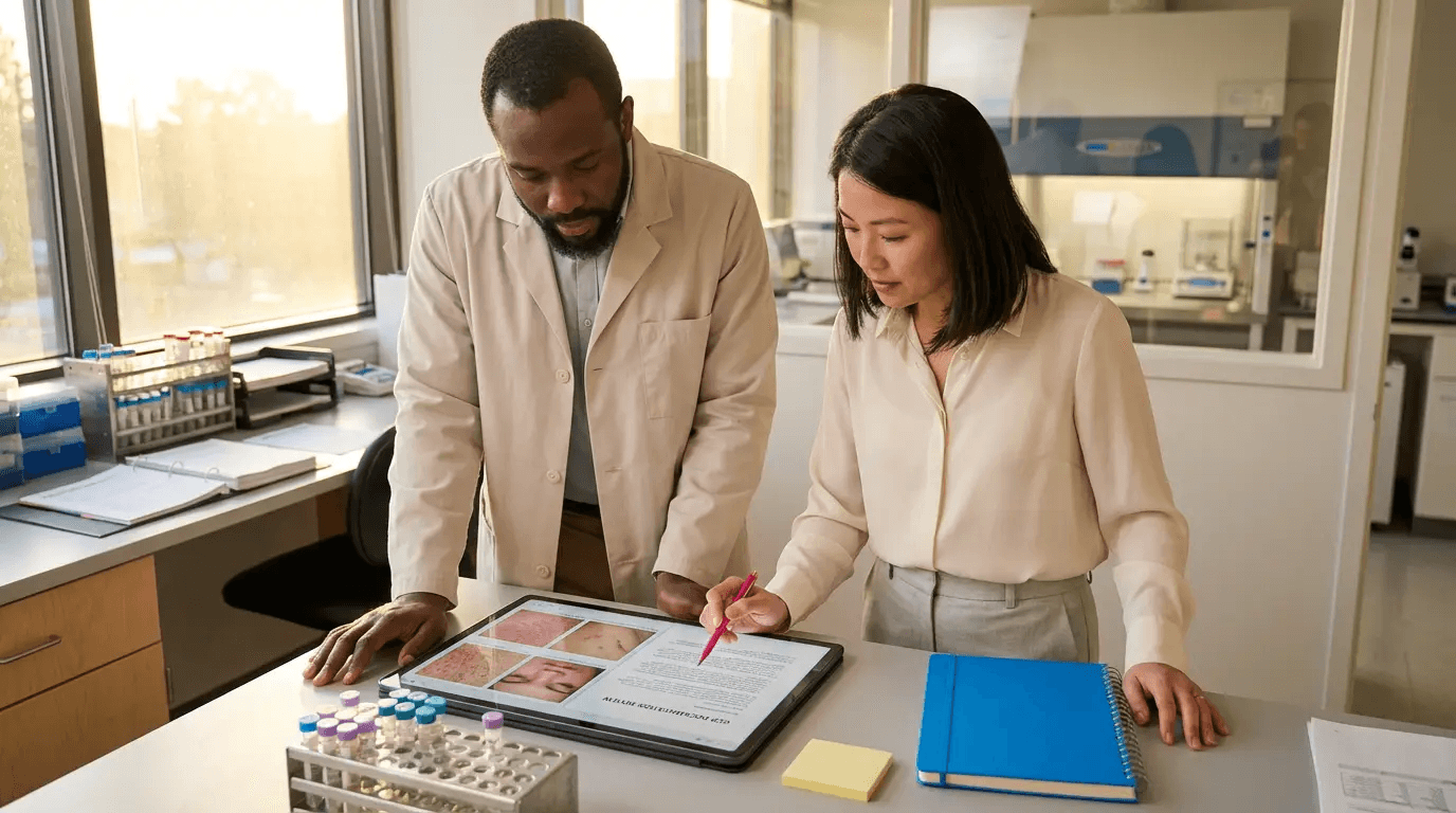 Two person reviewing medical data on tablet - Good Documentation Practices In Clinical Research