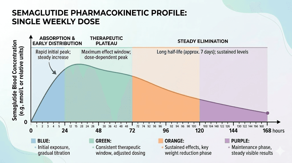 Semaglutide blood concentration levels hour by hour after injection