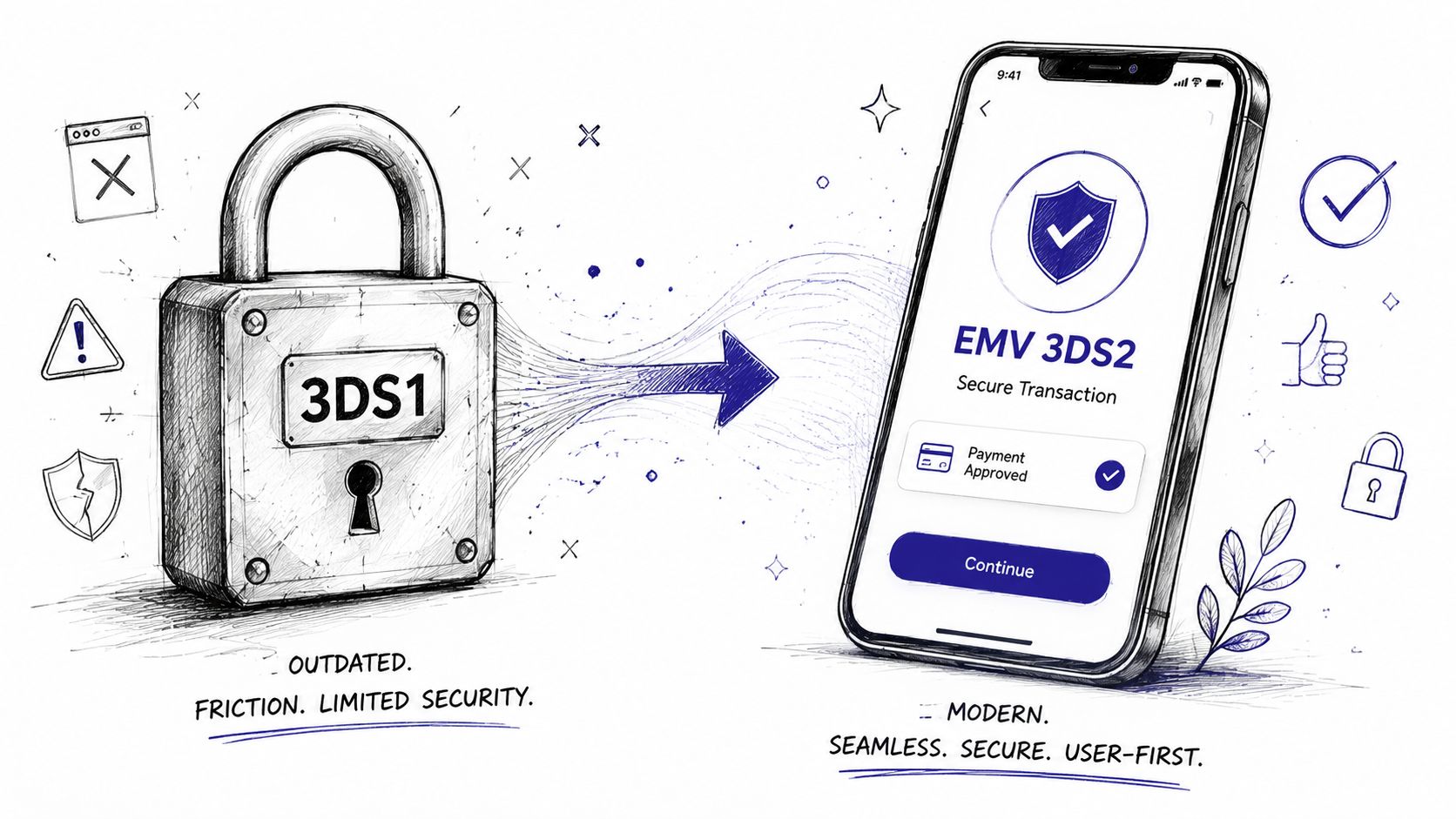 A hand-drawn illustration comparing outdated 3DS1 security with modern, secure, and user-friendly EMV 3DS2 mobile payment technology.
