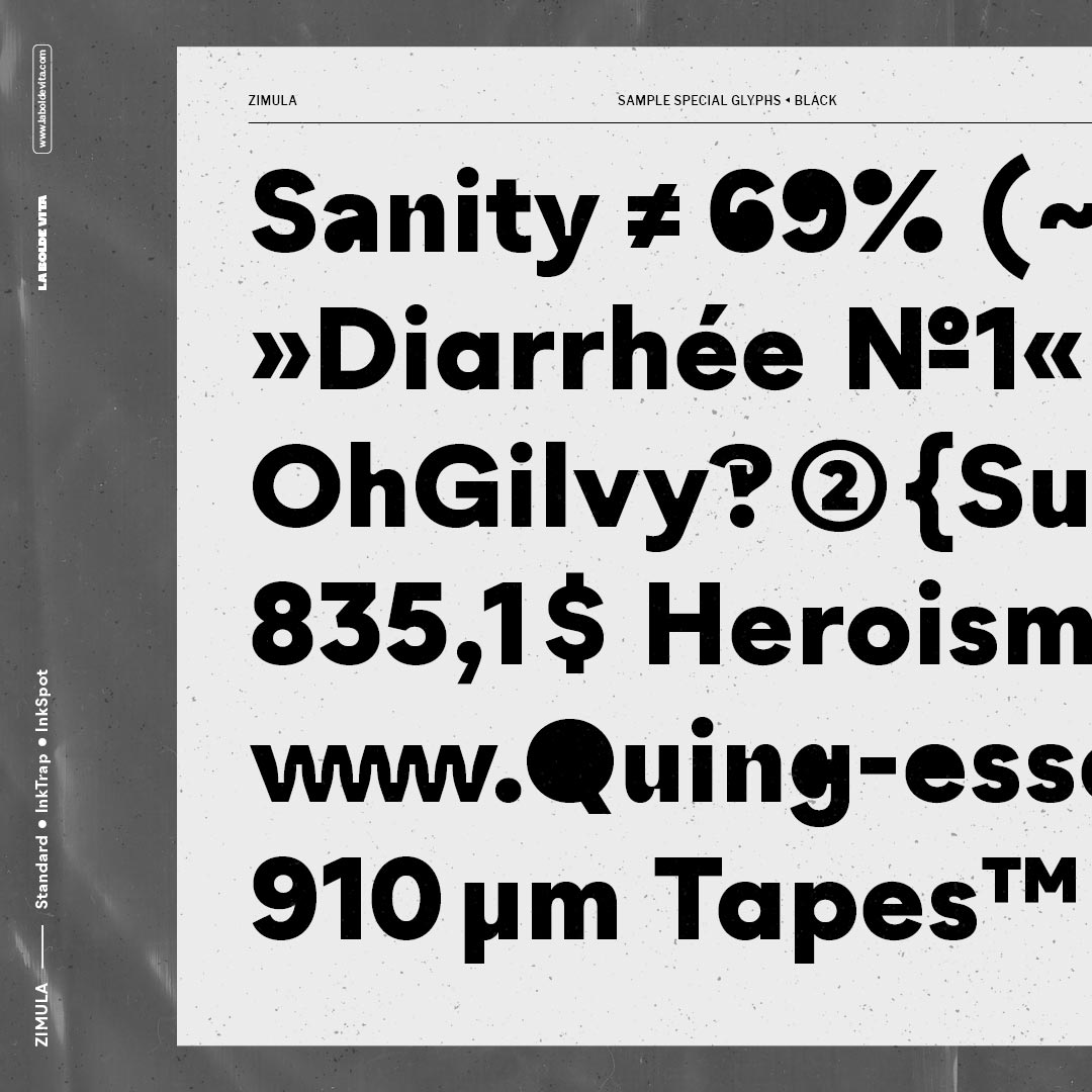 Closeup of a specimen page showing sample words set in Zimula Black and stylistic set with filled alternates activated