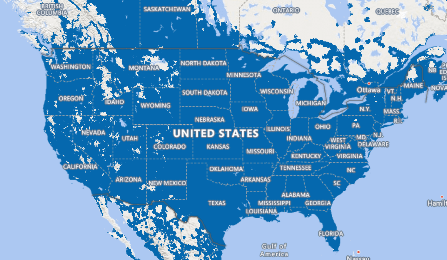 Map of nationwide Tier-1 network coverage across the continental United States