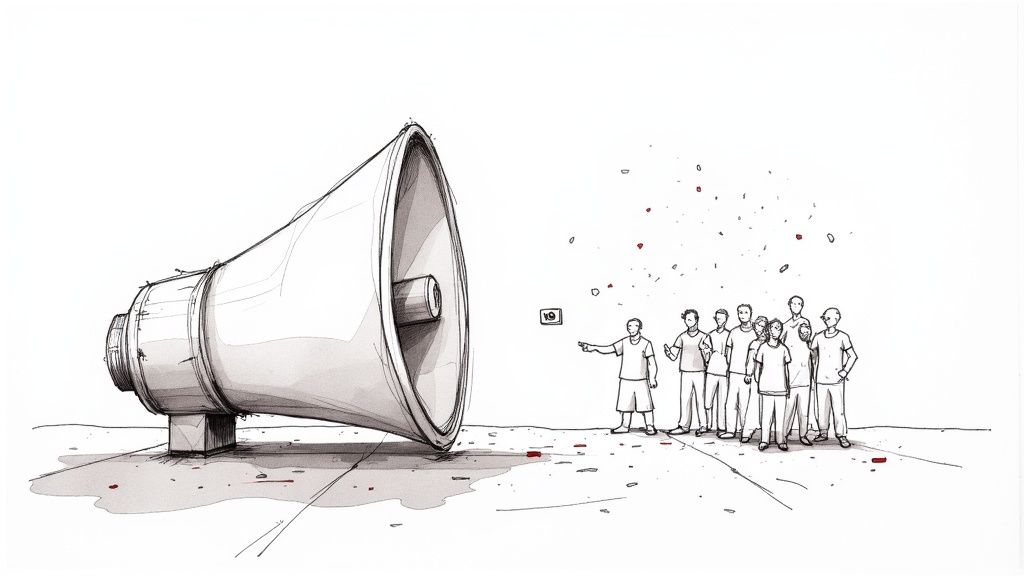 A large megaphone faces a group of people, one pointing at a 'NO' sign amidst shattered red pieces.