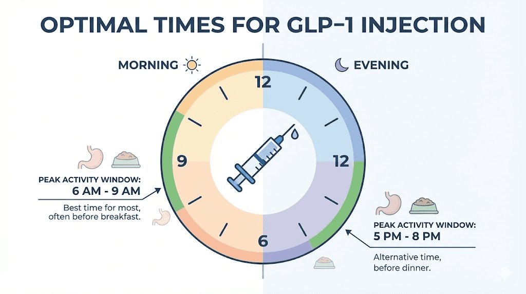 Best time of day to take GLP-1 injection showing morning vs evening windows
