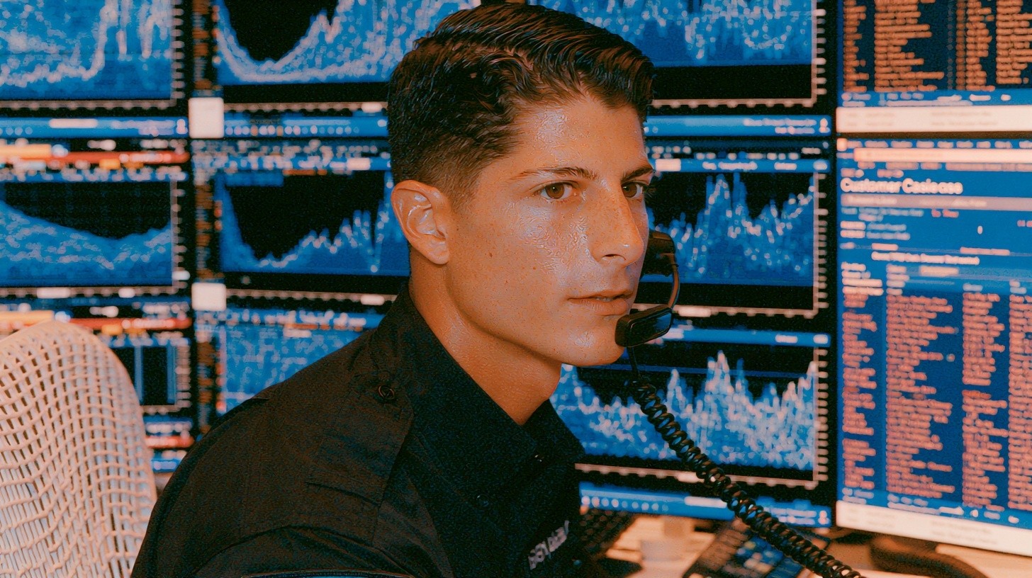A collections operations specialist supervises several simultaneous AI-assisted phone conversations from one workstation, a live call waveform and customer case are visible on the monitor