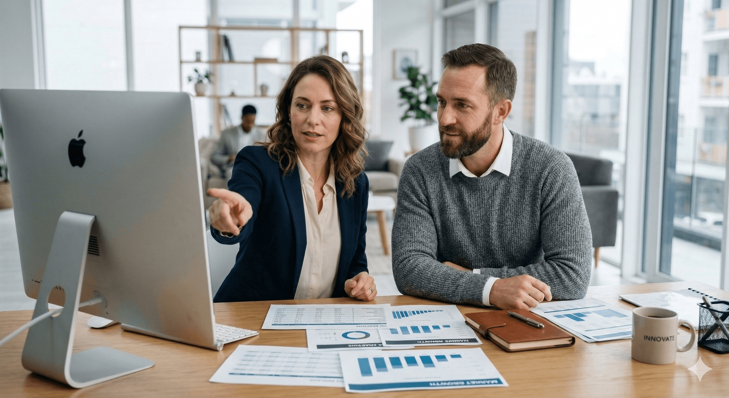 Two professionals in a modern office analyzing financial charts on an iMac screen, pointing at data during a collaborative business meeting.