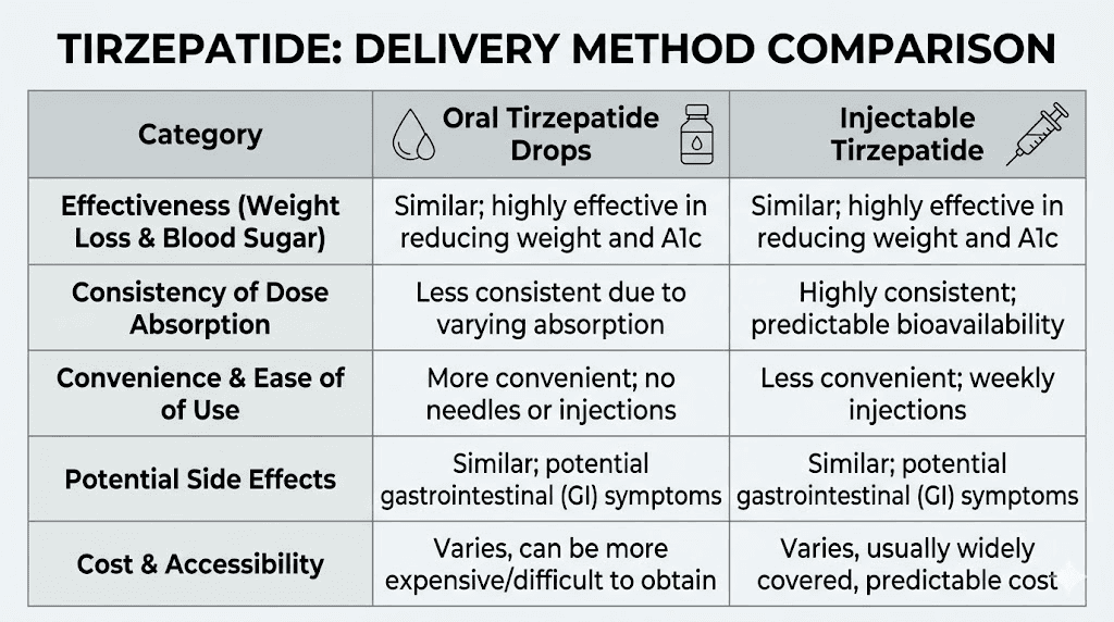 Oral tirzepatide drops versus injectable tirzepatide comparison chart