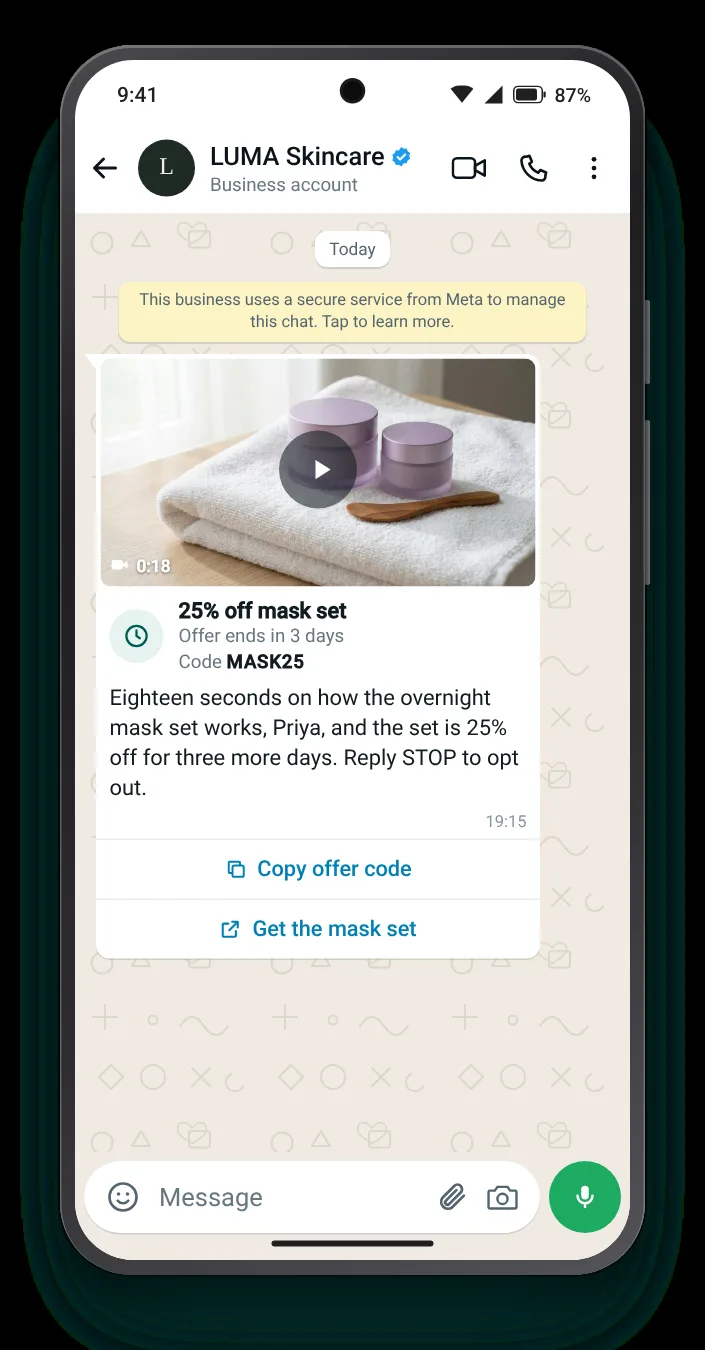 A short demo above the timer: WhatsApp limited-time offer on an Android phone