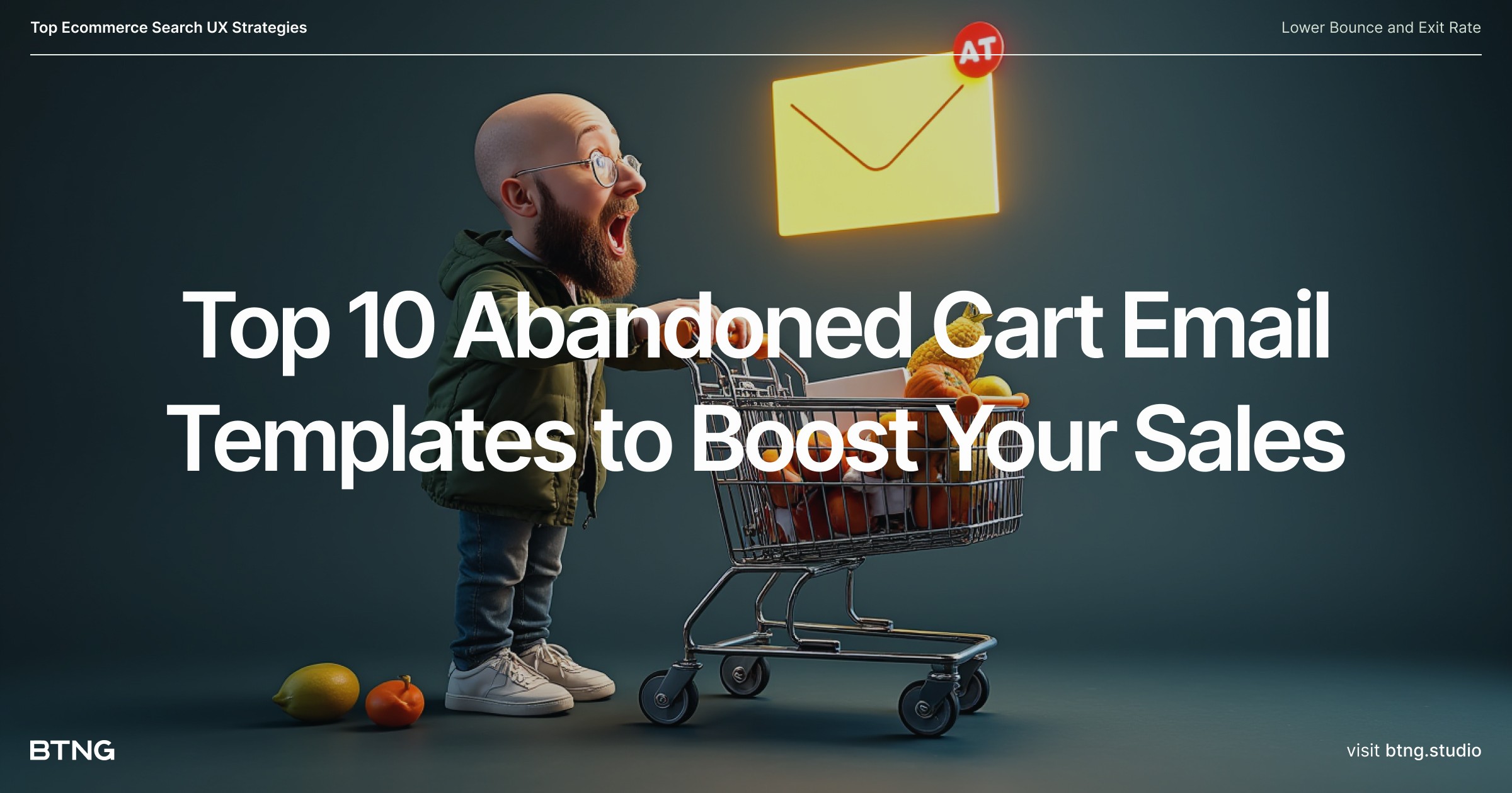 A funny version of the Philip character with very short legs and a very big head pushing a shopping cart.