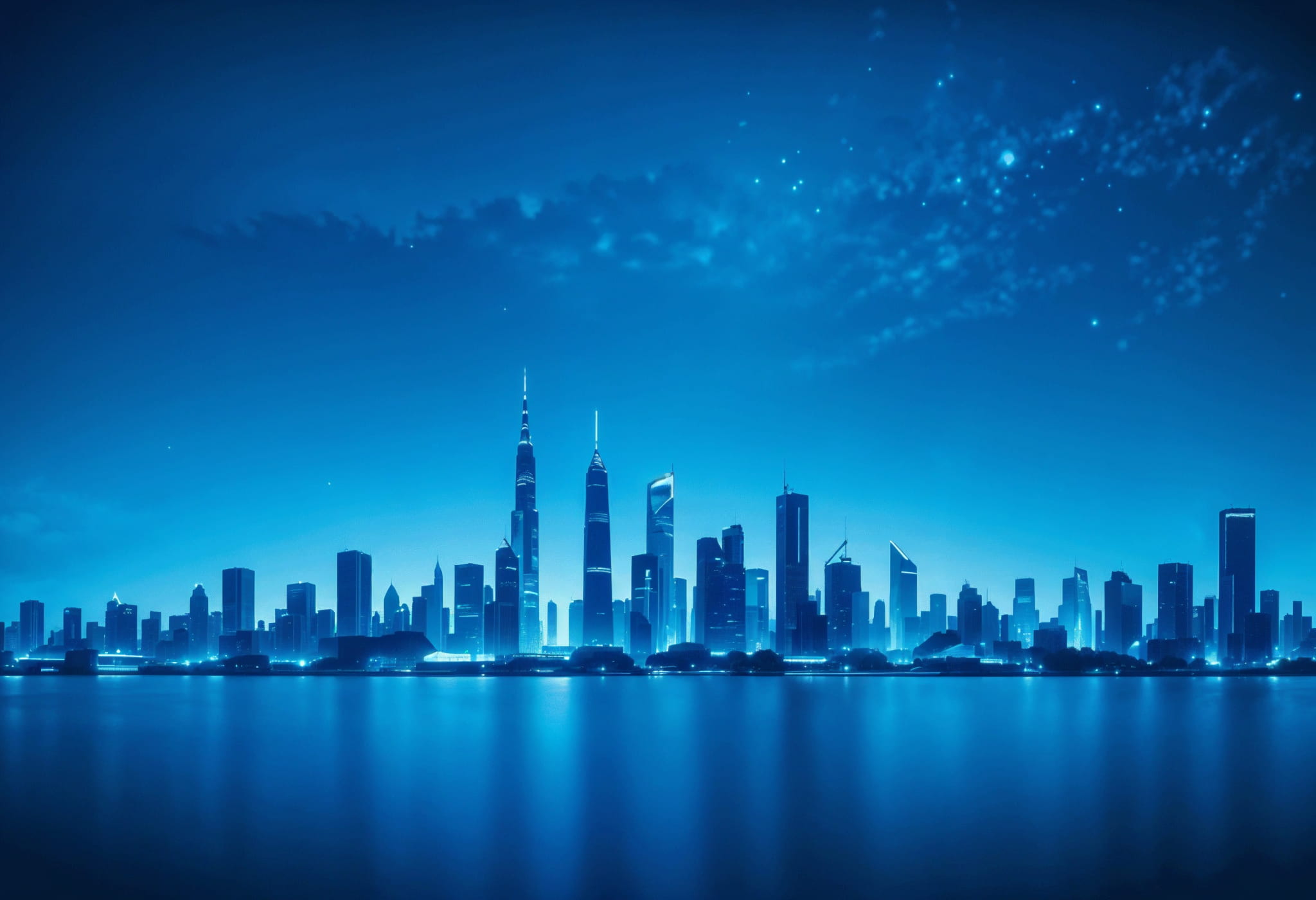 a modern city at night in blue light