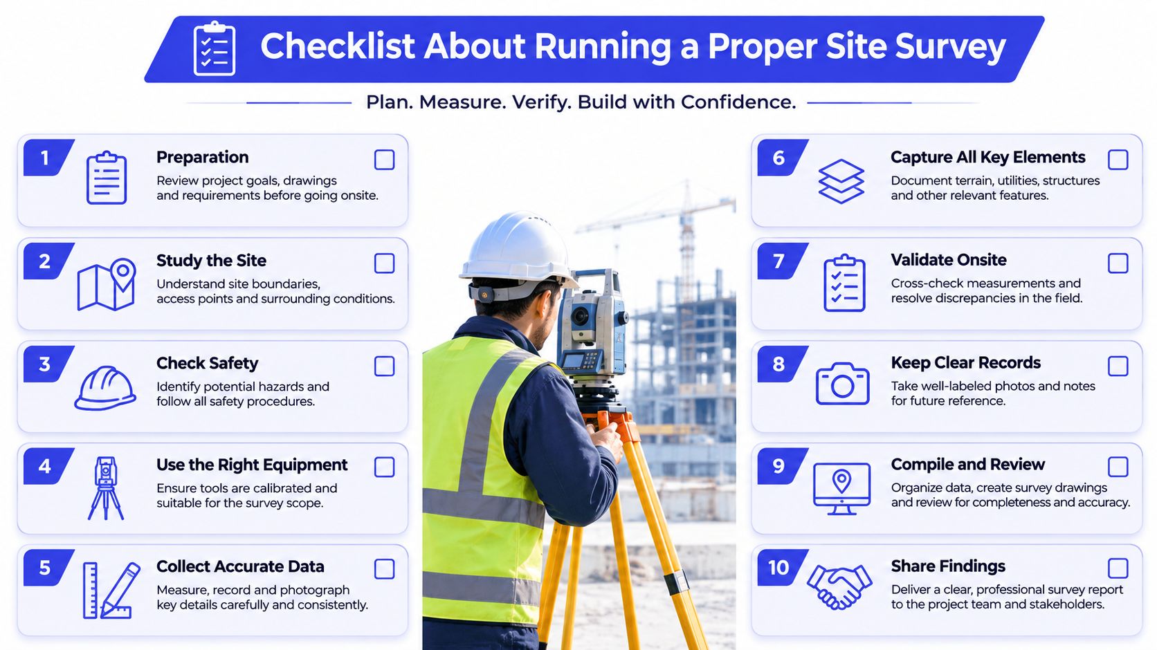 A professional land surveyor using a total station instrument at a construction site with a checklist graphic.