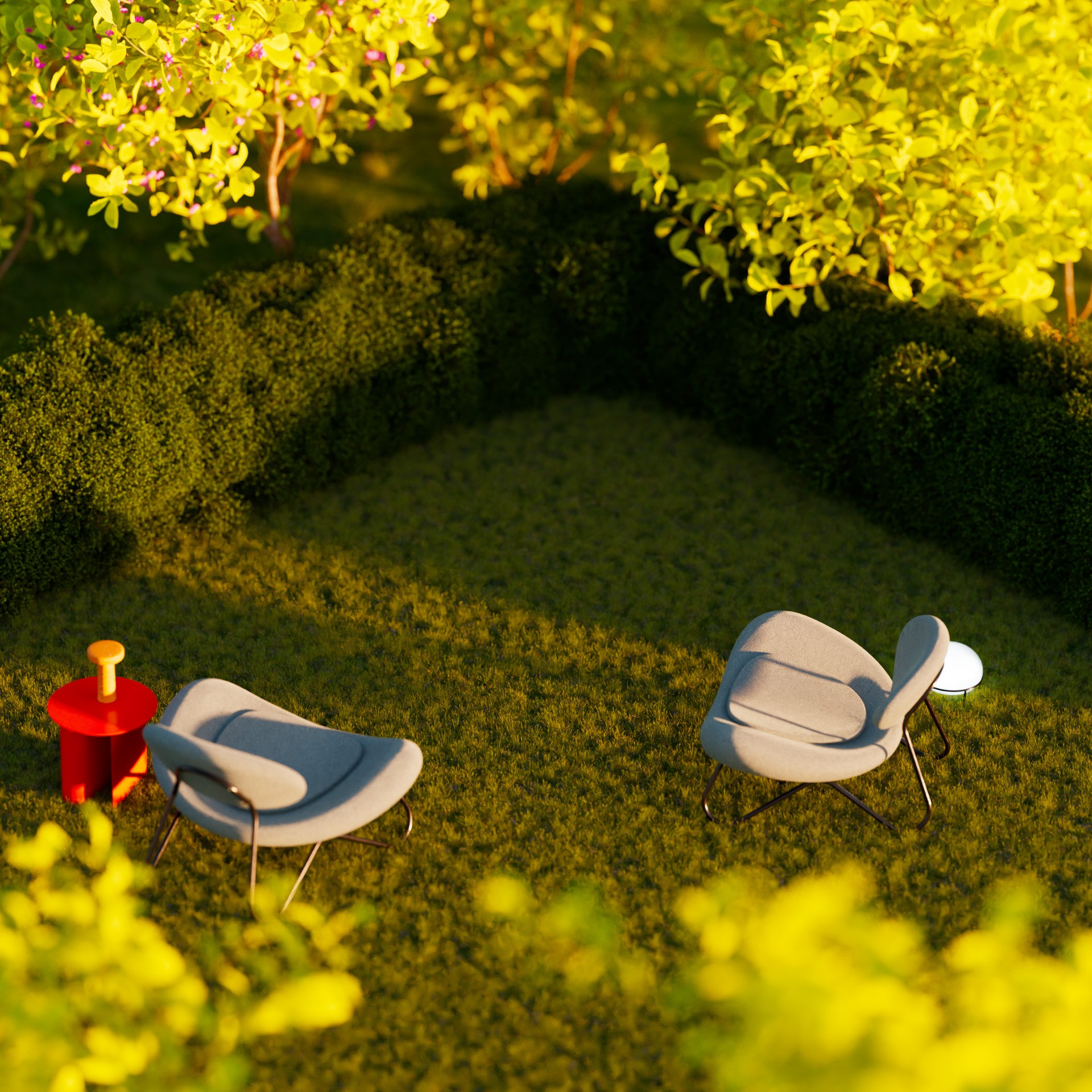 3D rendered outdoor garden scene with two minimalist white lounge chairs on grass surrounded by lush greenery and a red side table with yellow knob in warm golden light
