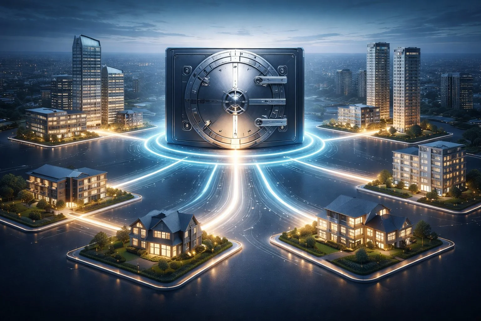 Photorealistic scene of multiple buildings connected by glowing protective pathways leading to a secure vault, symbolizing safeguarded real estate wealth.