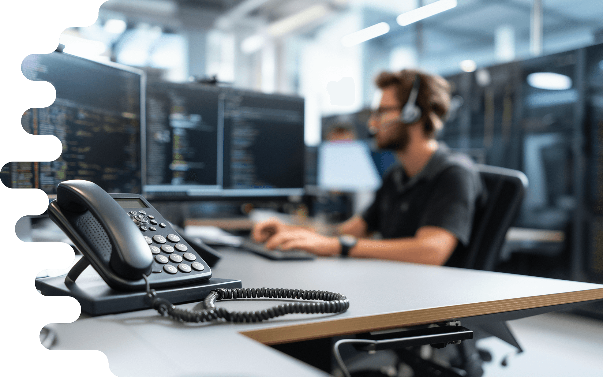 "The image shows an office workspace equipped with modern technology. In the foreground, there is a black telephone with buttons placed on a table. The cord of the phone is spiral. In the background, two large computer screens are visible, displaying complex programming codes written in bright colors on a black background. In front of the screens sits a man, whose face is blurred, but one can see that he is wearing headphones. He is focused on his work while typing with one hand on a keyboard. The table has a light surface and is placed in a modern office with good lighting. The environment seems to have an open office layout, indicating a technological and creative work atmosphere."