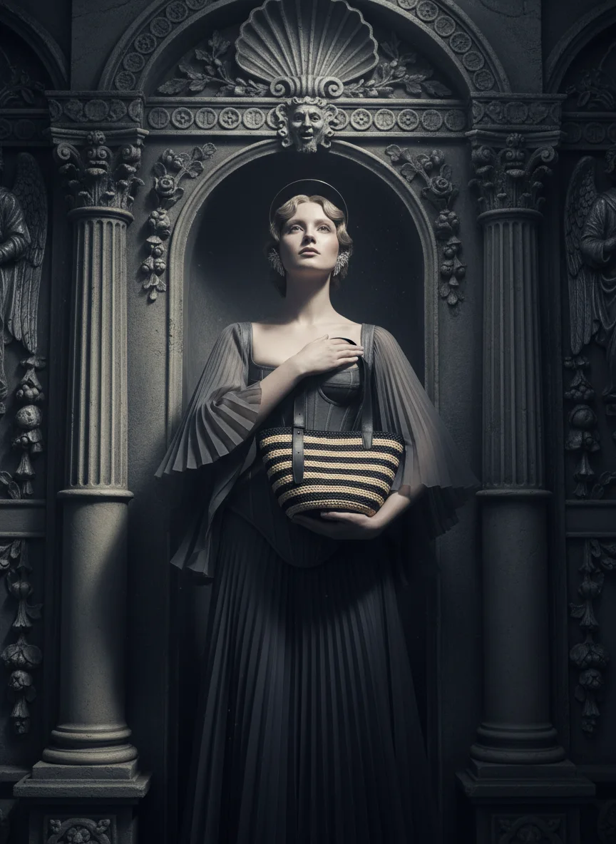 visual created by scene4 ai product photography tool - bag high fashion campaign in greek architecture