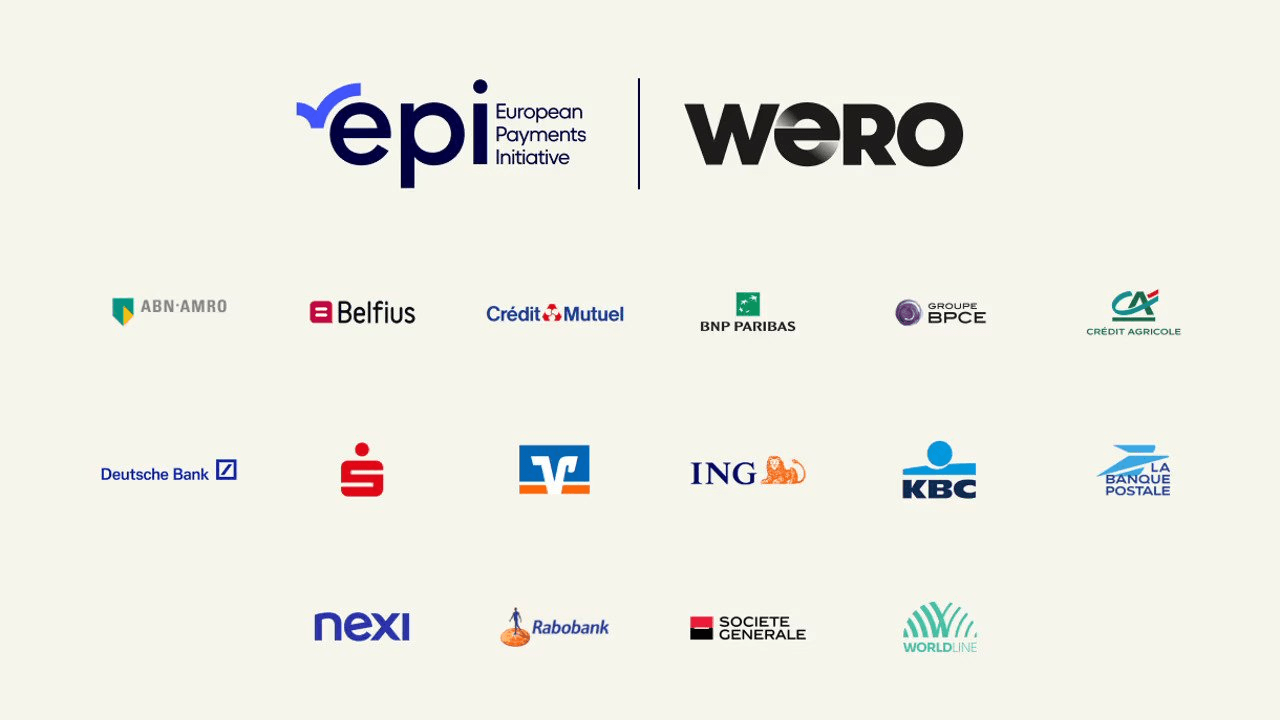 Logos von EPI und Wero über den beteiligten Banken und Anbietern, darunter ABN AMRO, BNP Paribas, Deutsche Bank, ING, Nexi und Worldline.