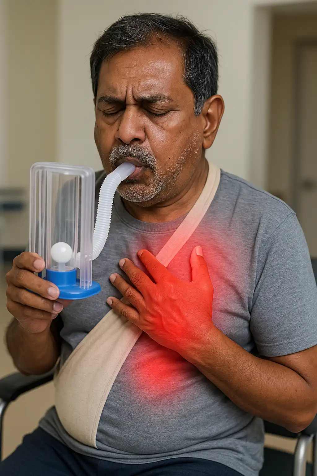 Post-cardiac surgery breathing recovery physiotherapy – man using an incentive spirometer while holding his chest with visible pain, showing respiratory weakness after heart surgery.