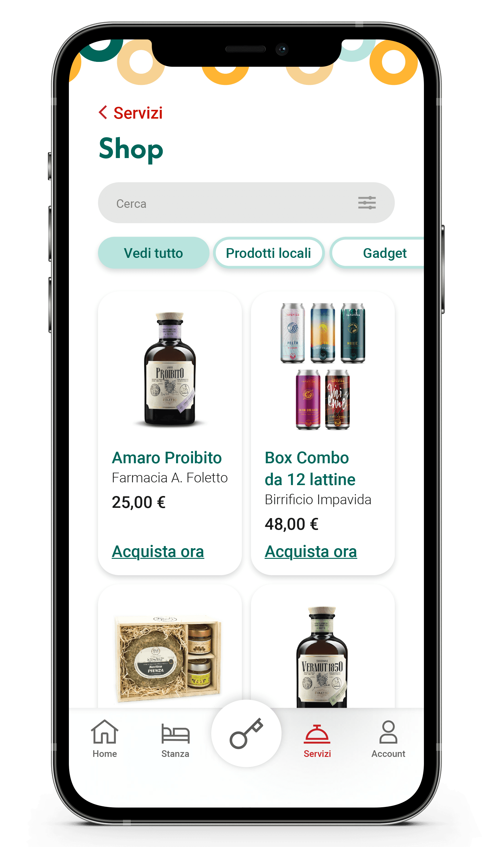 Schermata app, shop di prodotti locali