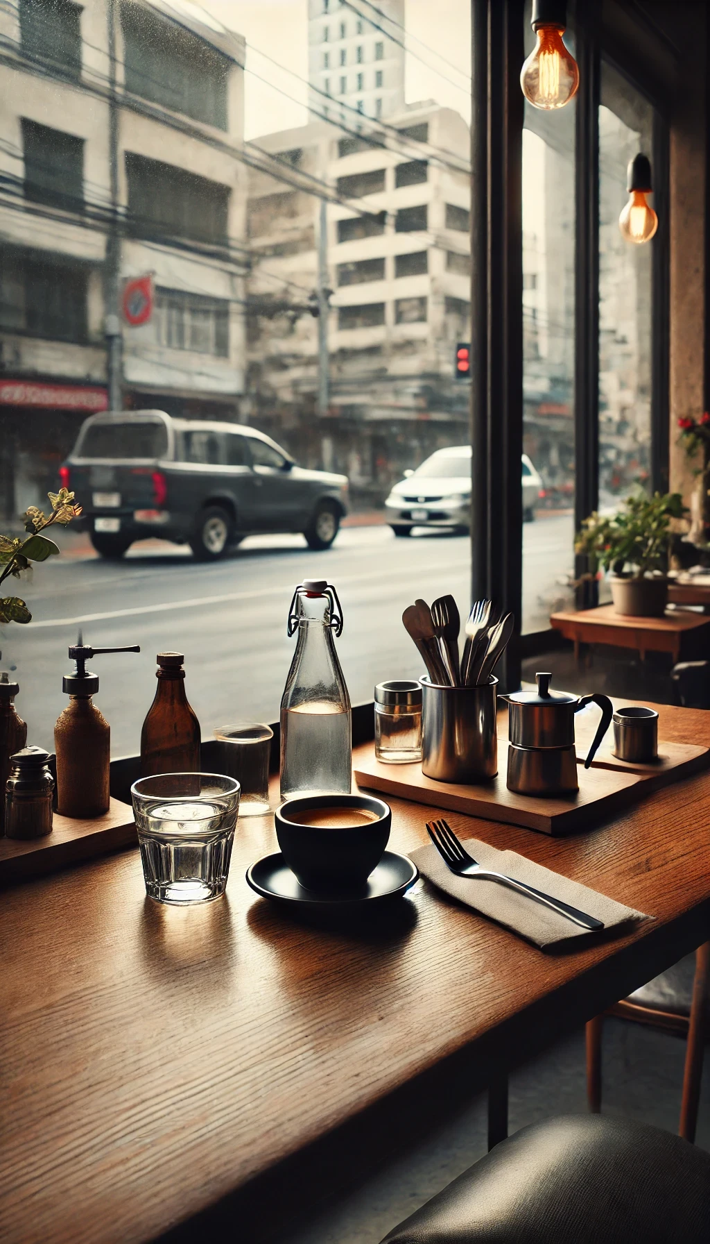 A hand holding a glass of water next to a black coffee looking onto the street