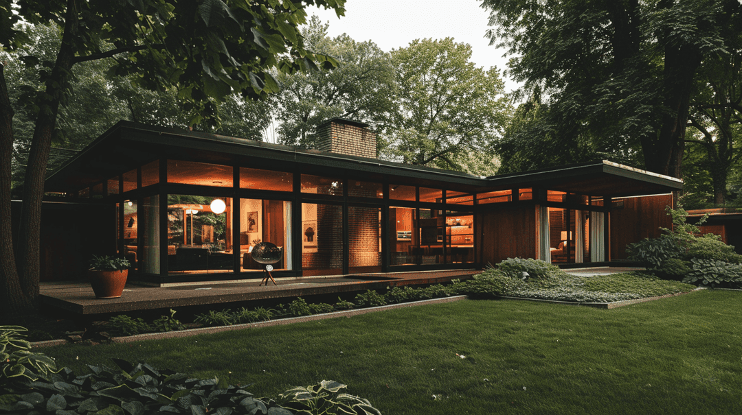 Classic midcentury modern ranch home with clerestory windows illuminated at dusk in wooded setting