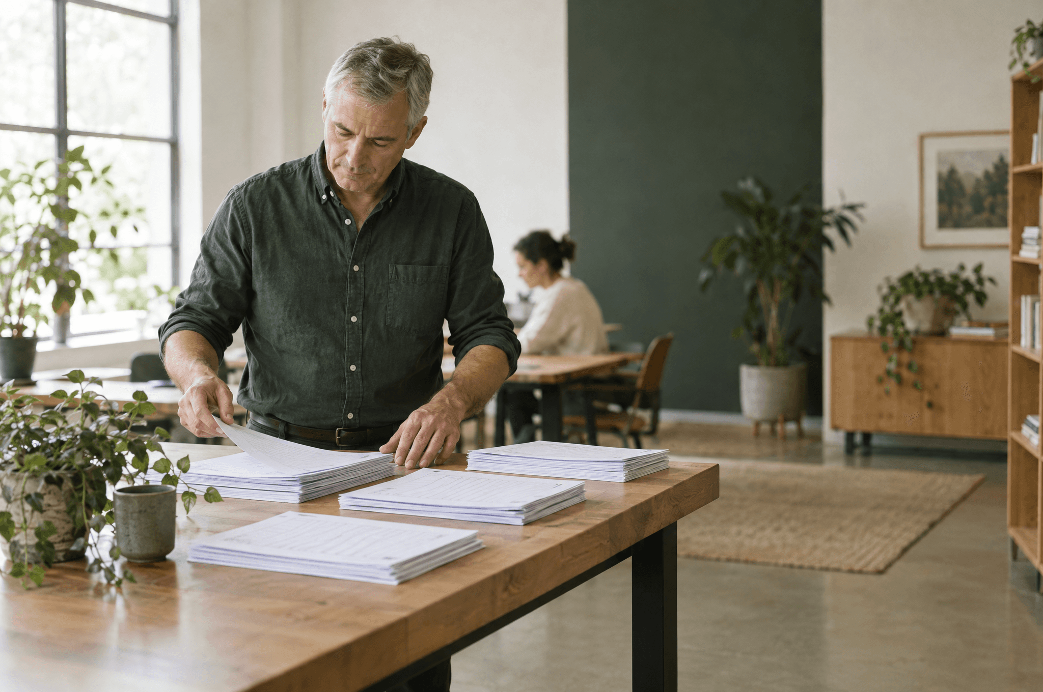 Operations manager sorting printed checklists into stacks at a wooden table in a bright office