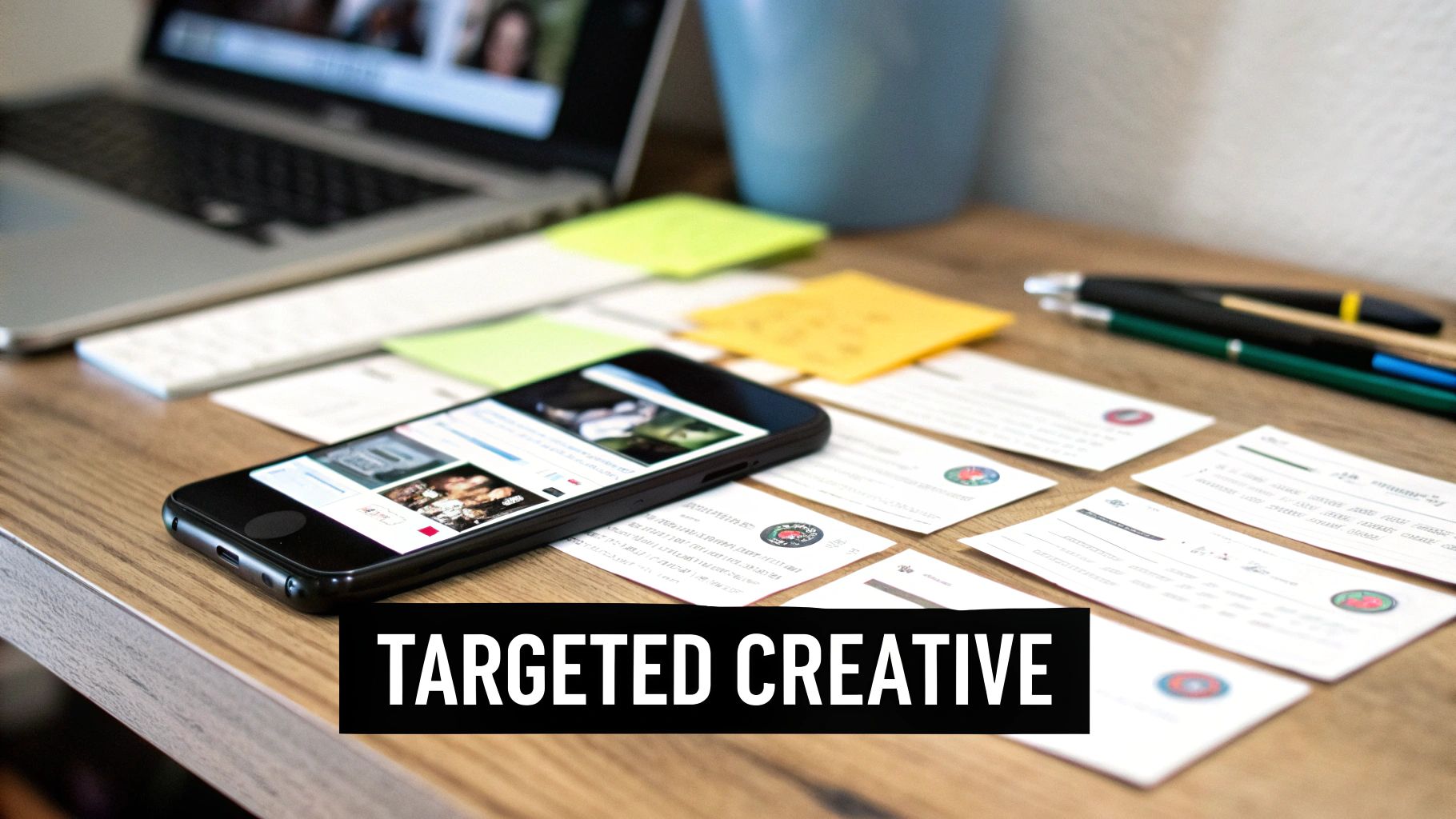 A creative workspace setup with a laptop, smartphone displaying content, business cards, sticky notes, and pens on a wooden desk.