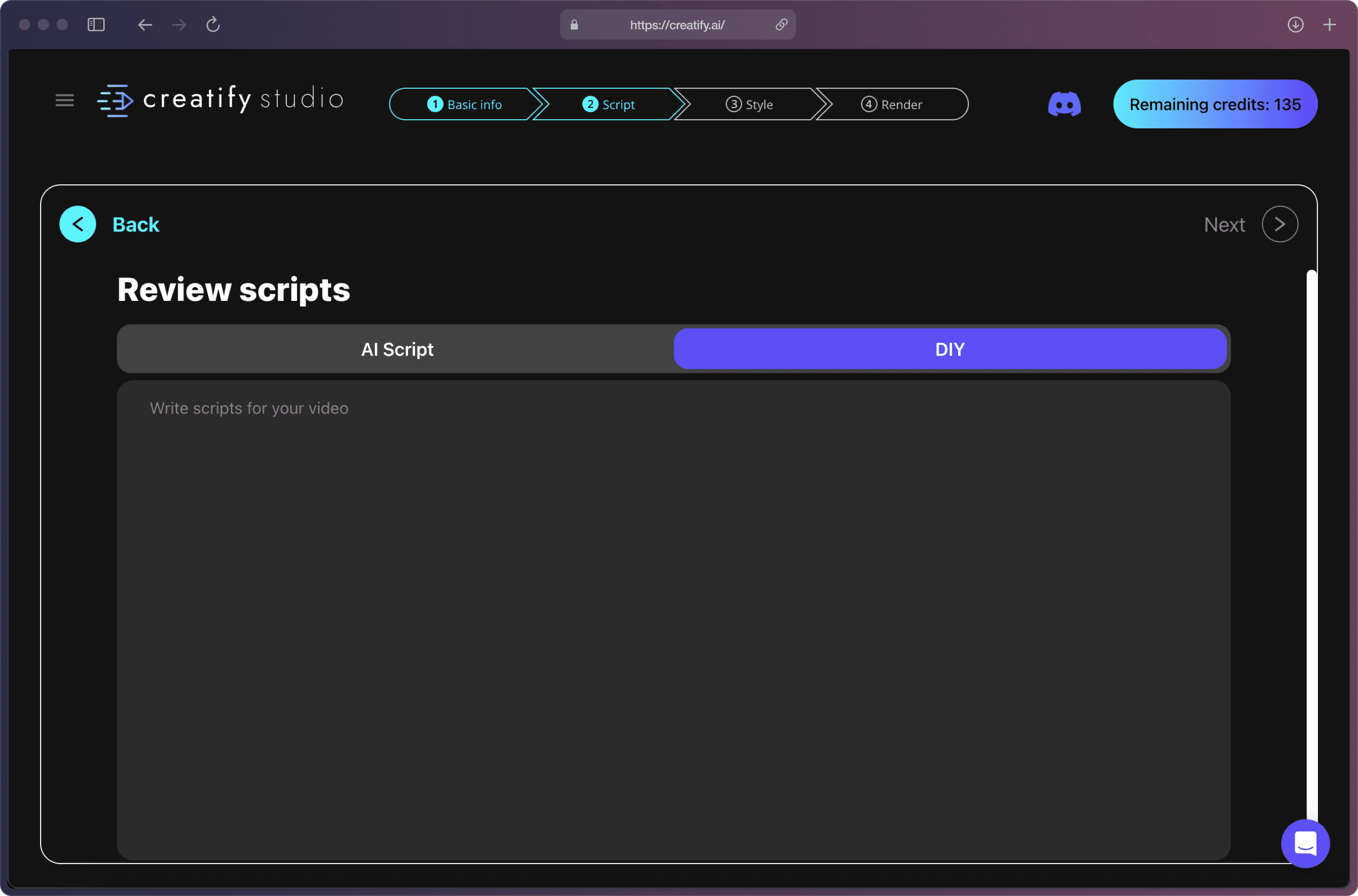 A screenshot of Creatify AI app on the “Review scripts” page within that, the “DIY” purple bracket and large empty space for text input.