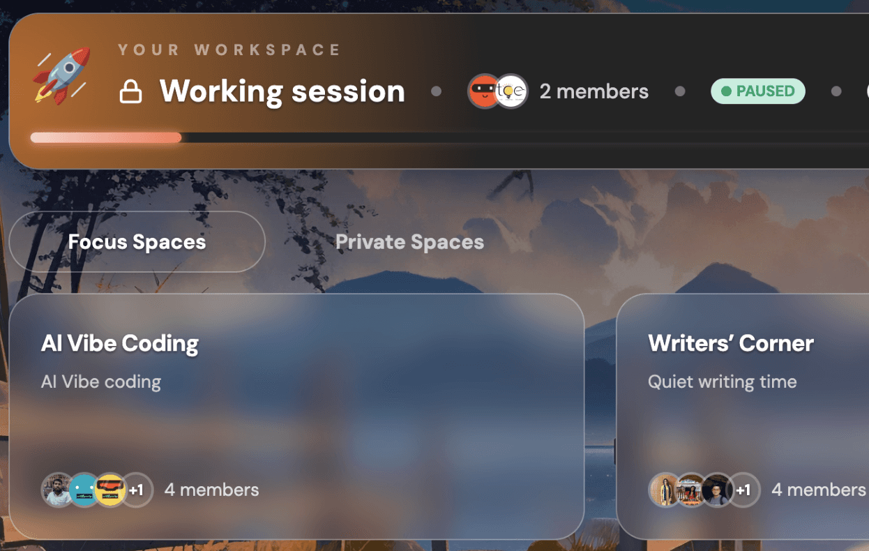collaborative Pomodoro timer interface with dark theme and ambient music controls
