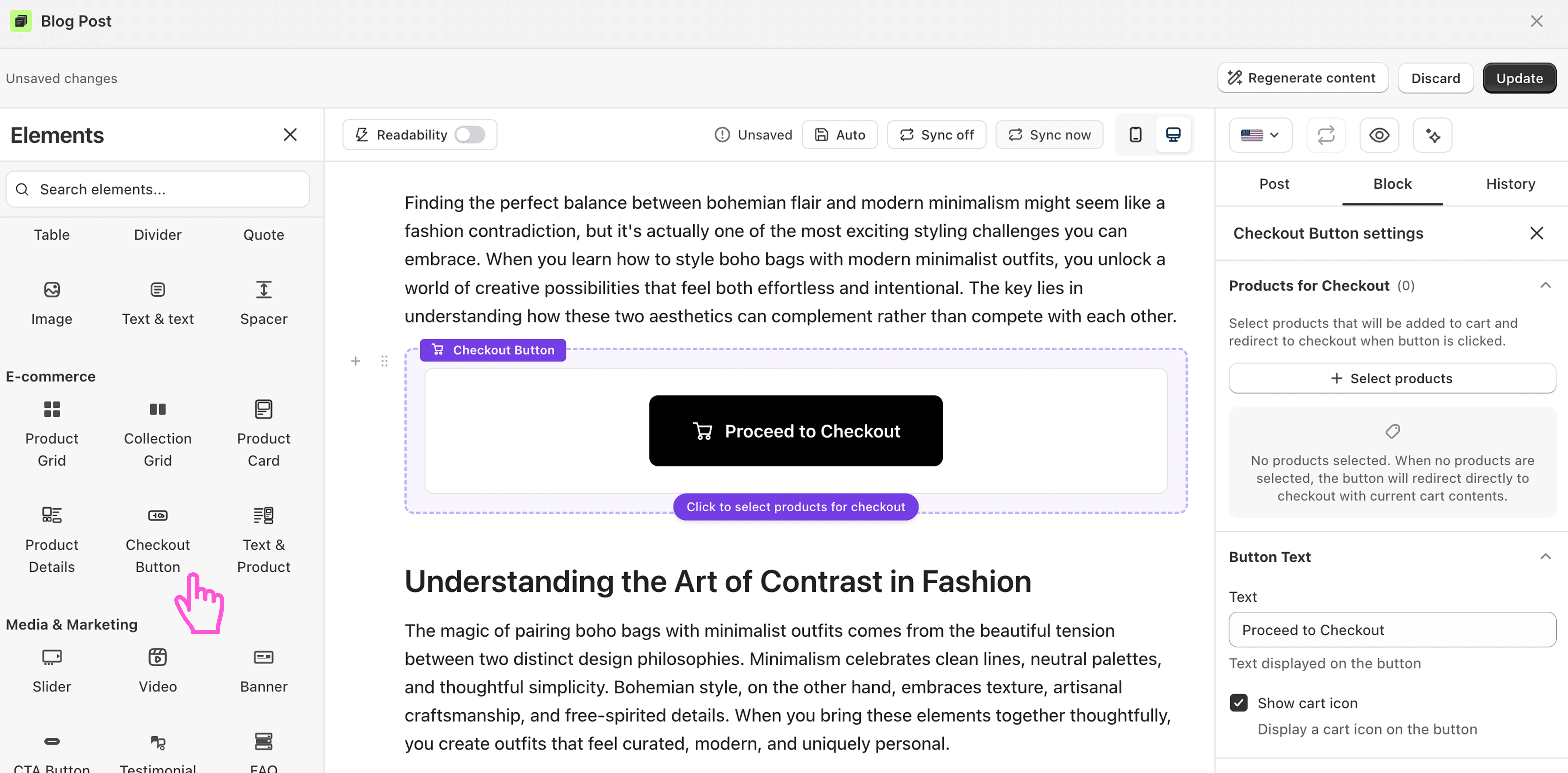 How to add a checkout button to a blog post in Shopify?