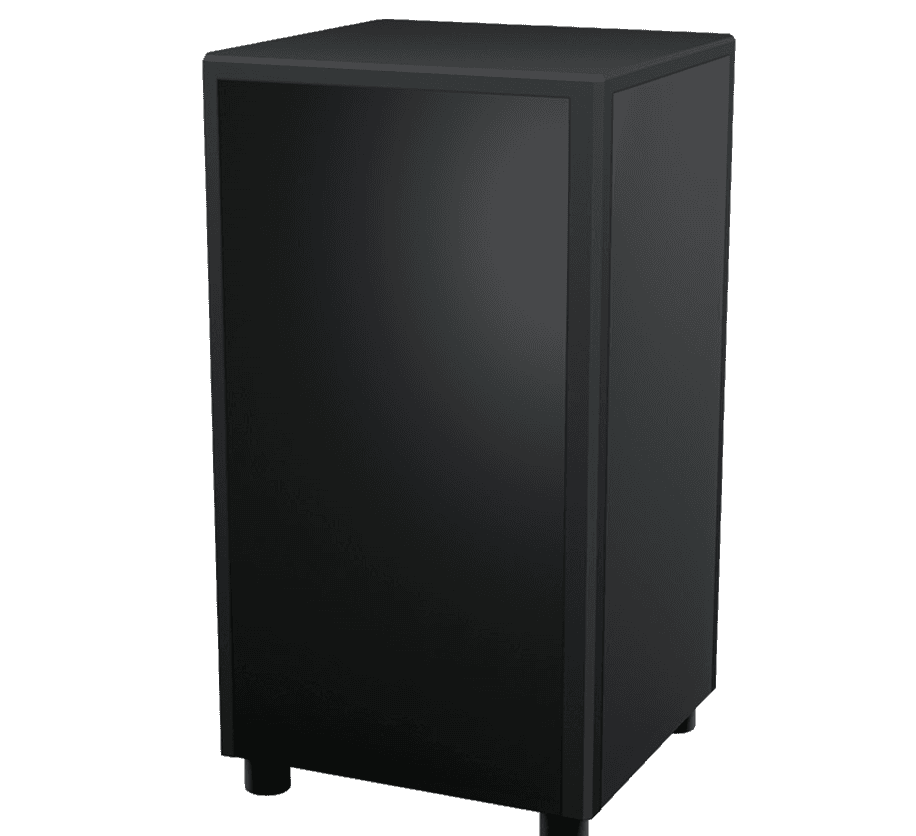 Black speaker cabinet with four black feet.