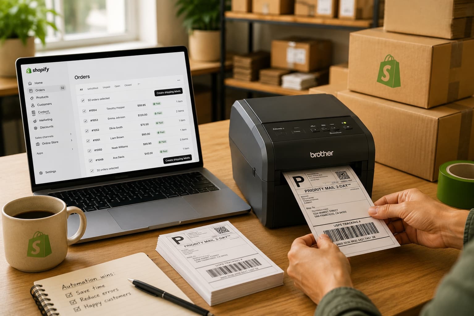 Shipping labels printing automatically beside a laptop displaying Shopify orders in a busy ecommerce packing station.