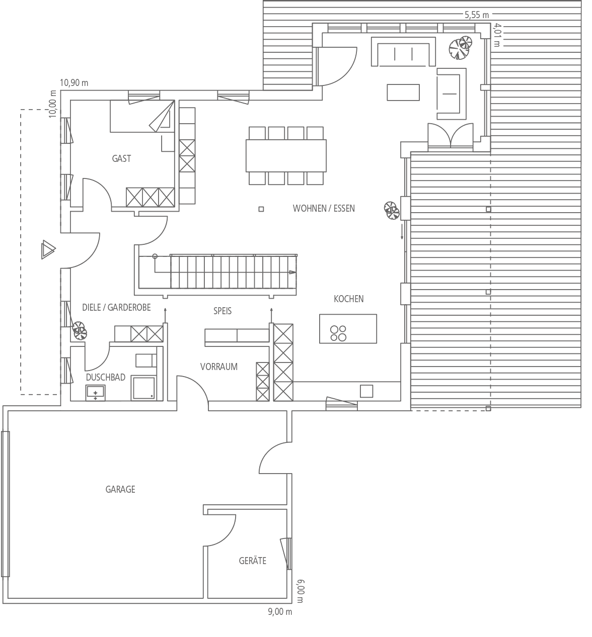 Grundriss eines Einfamilienhauses mit Wohnen/Essen, Kochen, Speis, Vorraum, Diele/Garderobe, Gast-WC, Dusche und Garage.