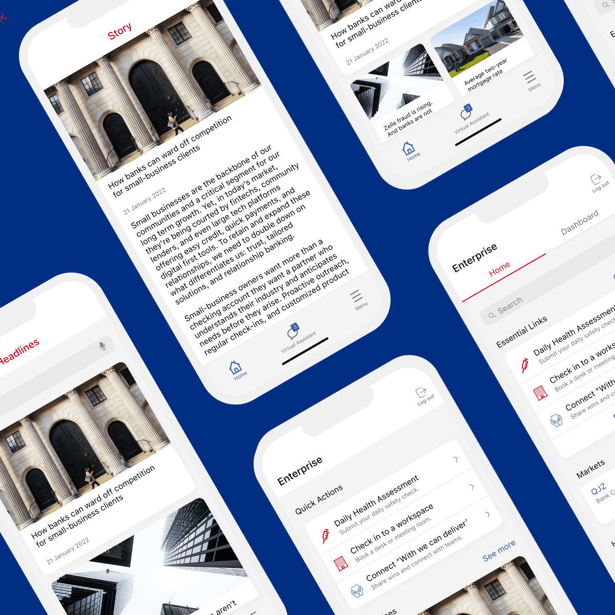 Collage of diagonal home screen wireframes for visual purposes only.