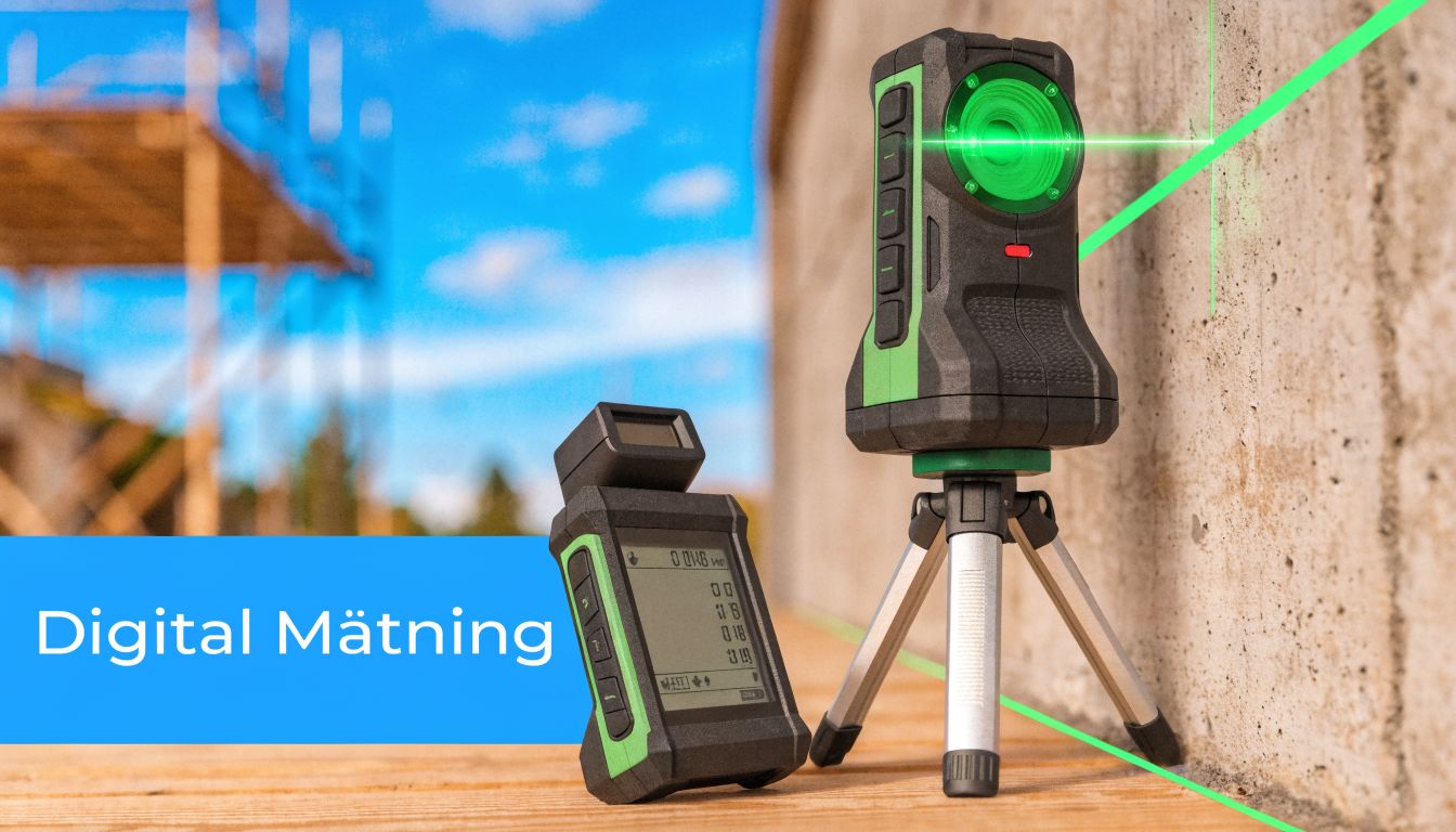 Digital laserutrustning för precisionsmätning uppställd på ett stativ vid en betongvägg under byggarbete utomhus.