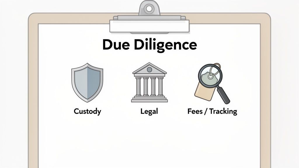 Due Diligence concept with shield for custody, building for legal, and magnifying glass for fees.