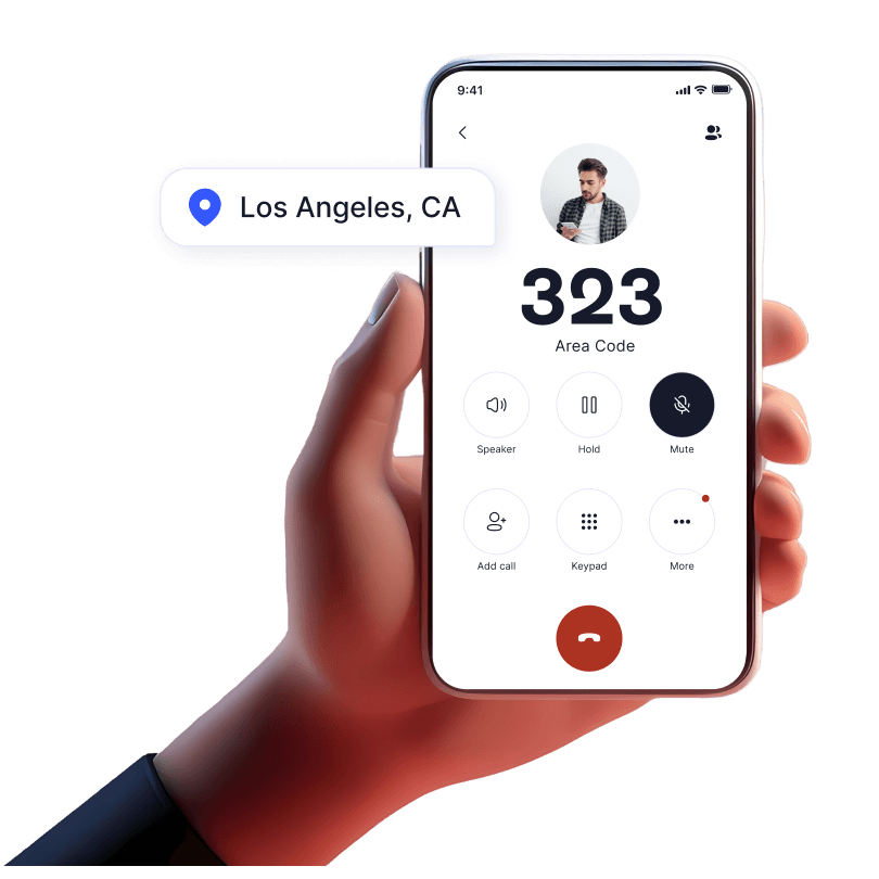 Hand holding mobile device with incoming call from 323 area code using LinkedPhone 2nd phone number mobile app