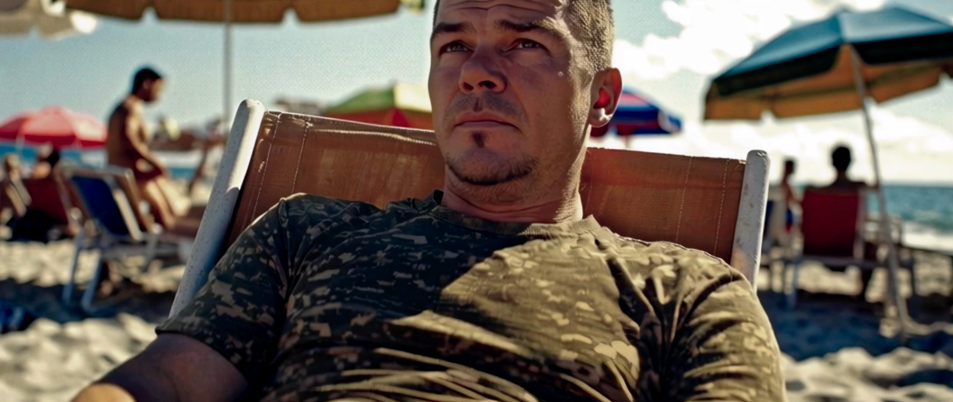 AI-generated cinematic portrait of a man on a beach in military attire, captured in warm, realistic sunlight.