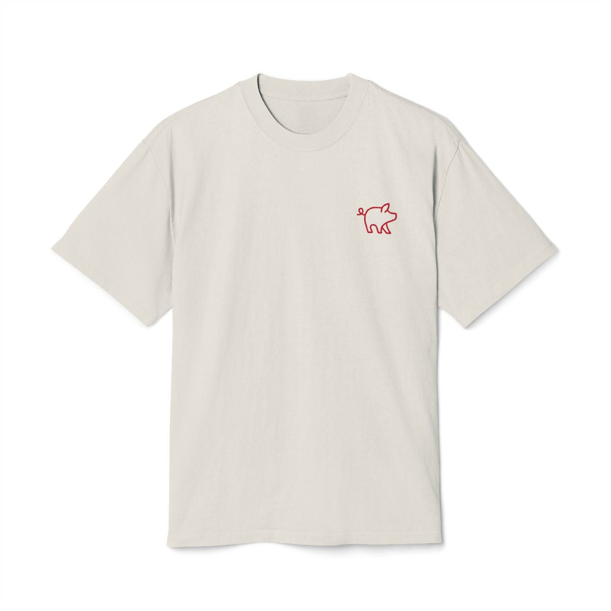 Faded bone beige heavy t-shirt with small red Procellino piggy logo.