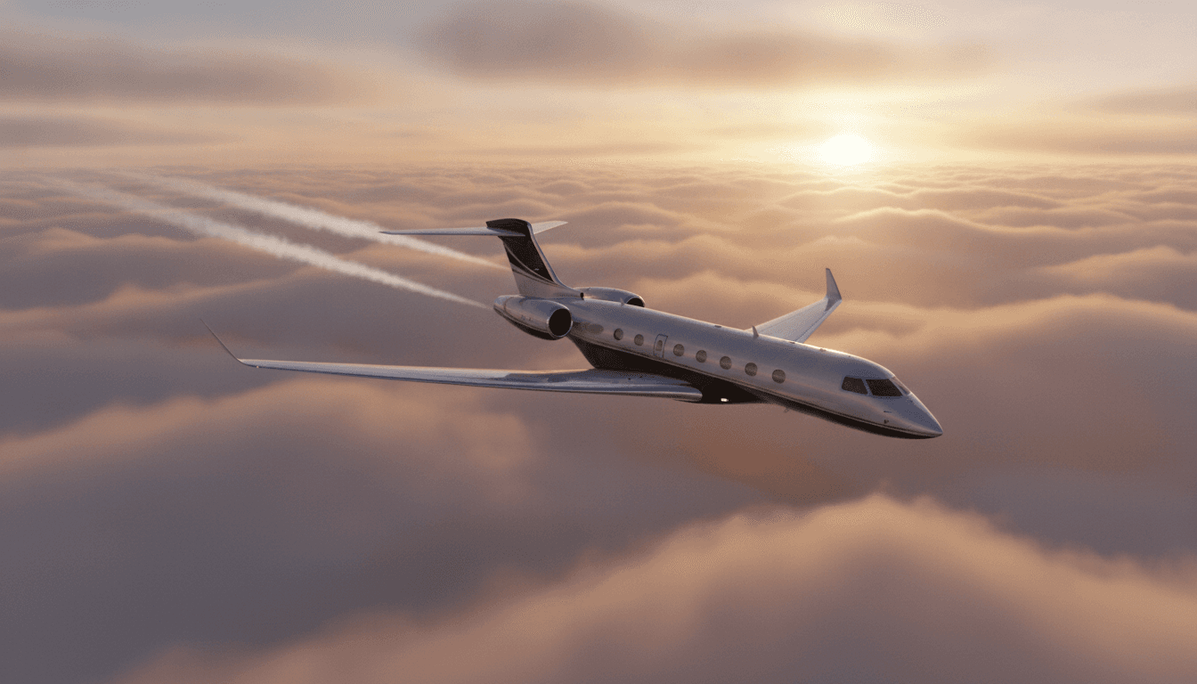Ultra-long-range business jet cruising fast above the clouds at sunset - fastest private jet