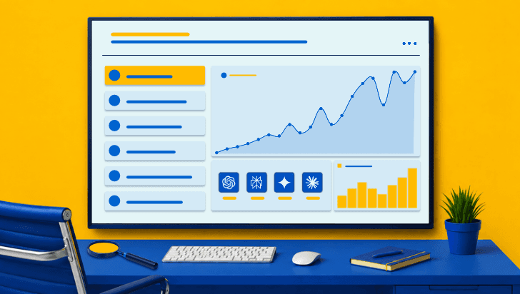 SEO dashboard on a screen displaying organic and AI search performance metrics.