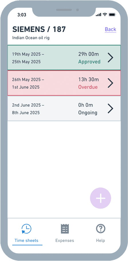Mobile timesheets screen for Siemens job 187 showing three weekly entries marked Approved, Overdue, and Ongoing, with an add button.