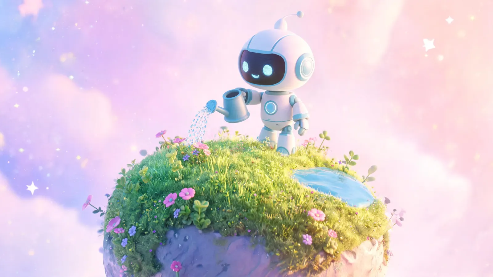 3D animation made with AI: robot on a tiny planet