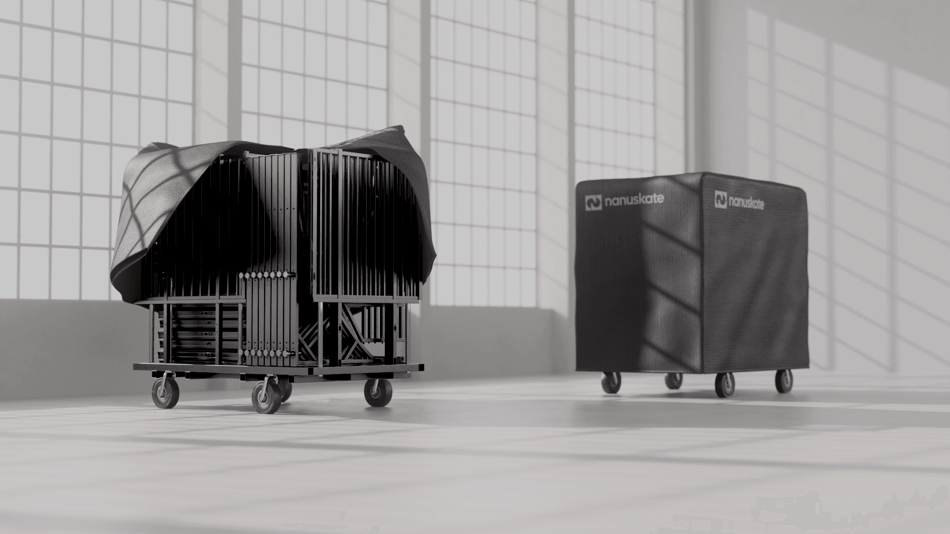 transport dollies containing the nanuskate skate ramp components