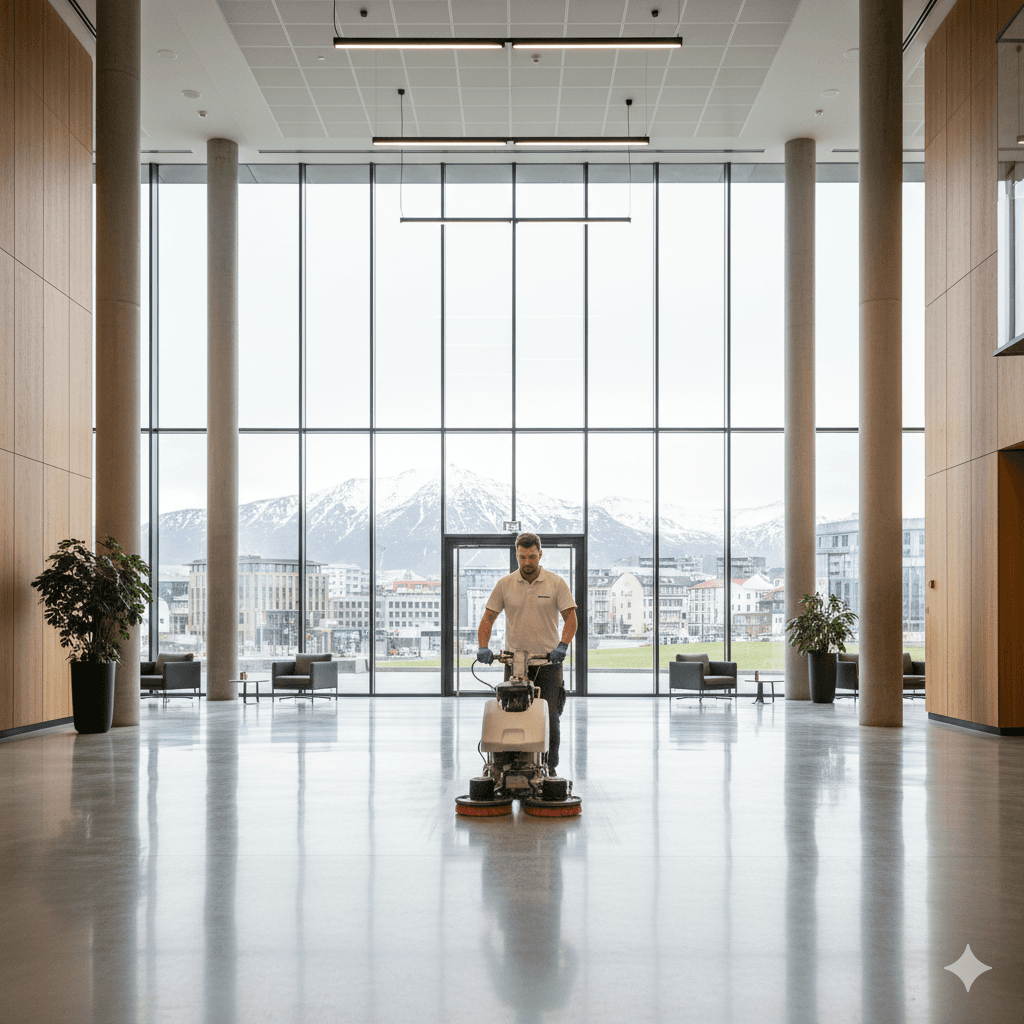 Starfsmaður á gólfþvottavél að þrífa stórt anddyri í atvinnuhúsnæði.