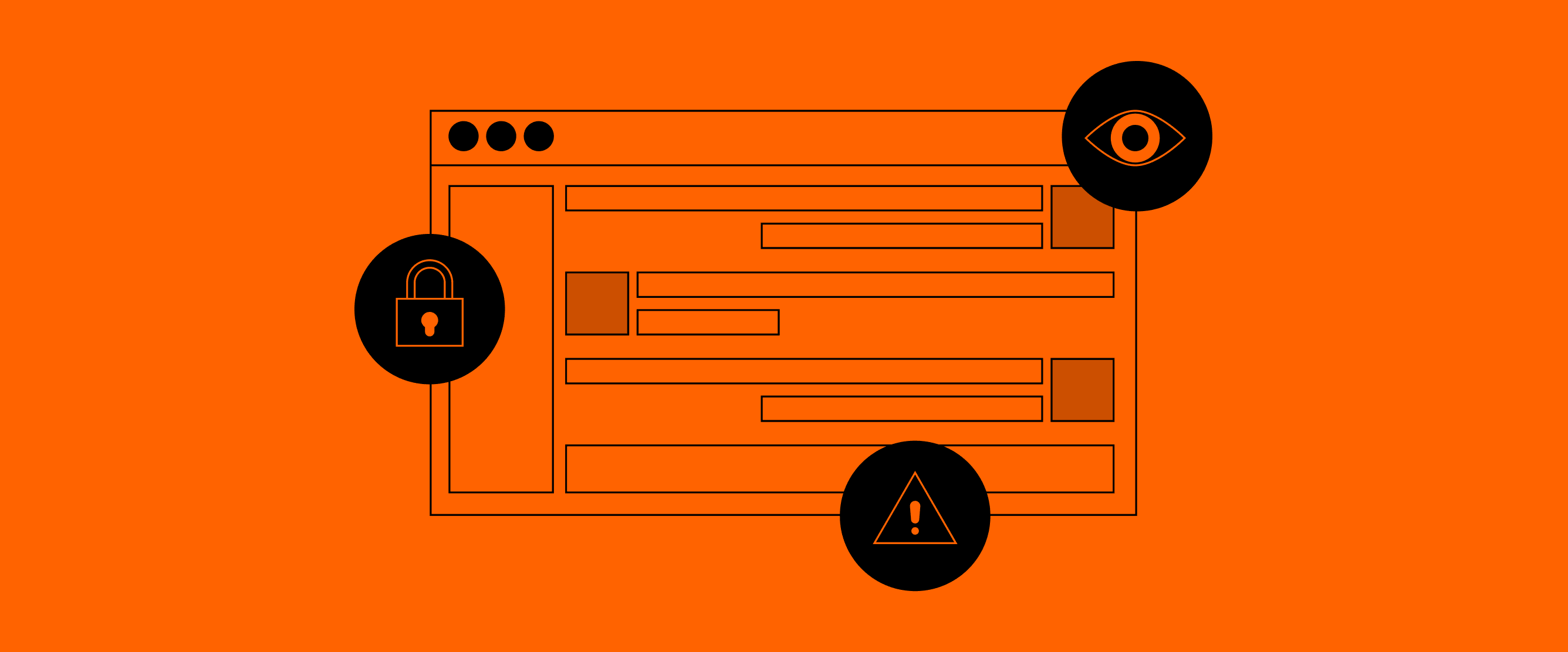 Line illustration of an application window on an orange background marked with padlock, eye and warning triangle badges, illustrating ChatGPT data privacy risks for private equity firms.