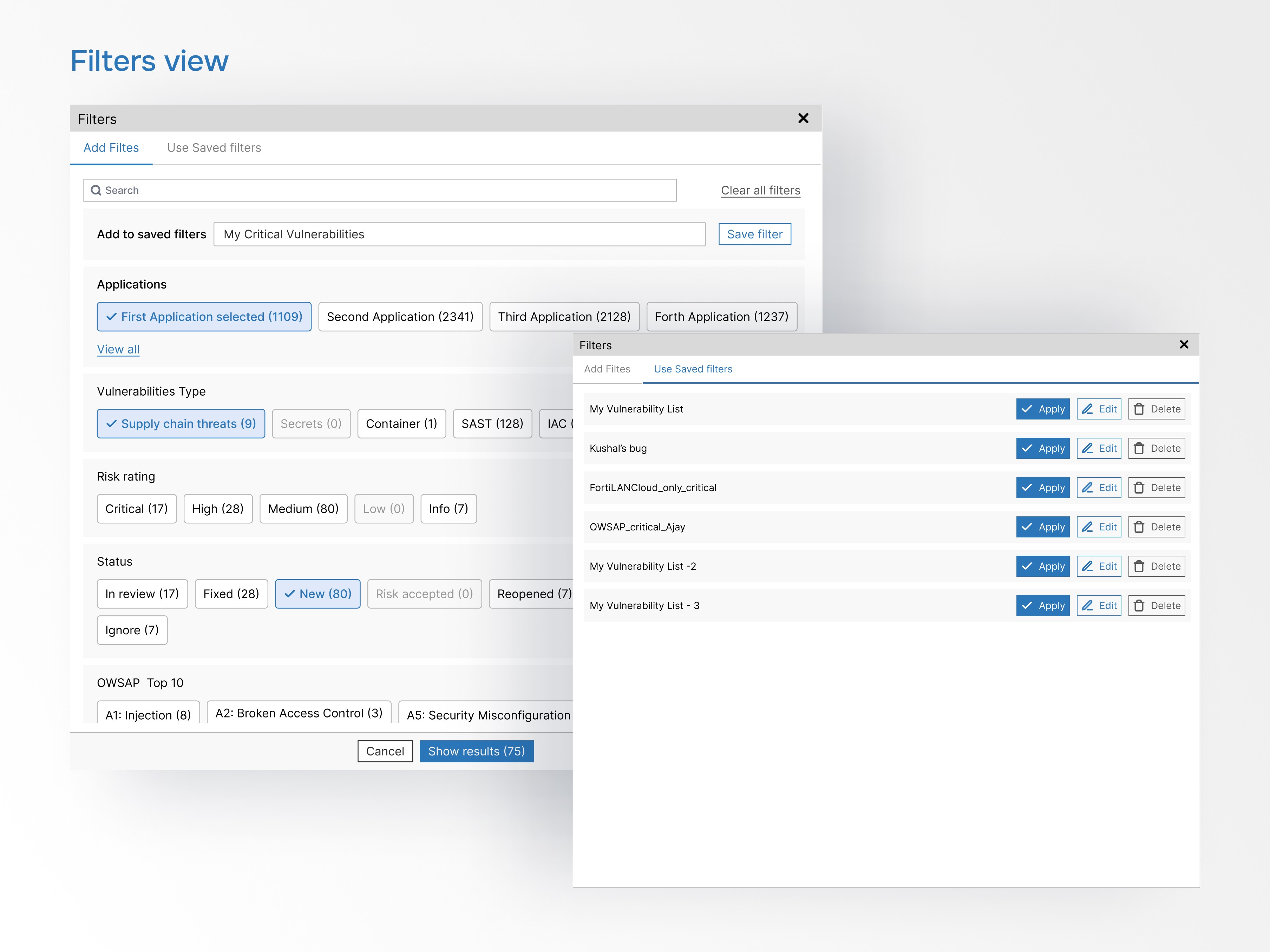 Reusable filter presets to save developers time and advanced filtering options by application, severity, type, and vulnerability age.
