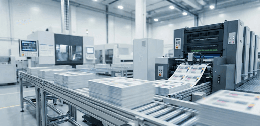 Industrial offset printing machine in Kuching factory processing high volume wholesale cake box orders.