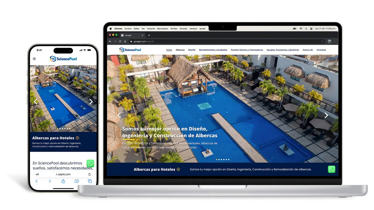 Fotografía de un iPhone y una MacBook mostrando la interfaz responsiva del sitio web SciencePool; se observa la adaptación del diseño desde la versión de escritorio a la versión móvil.