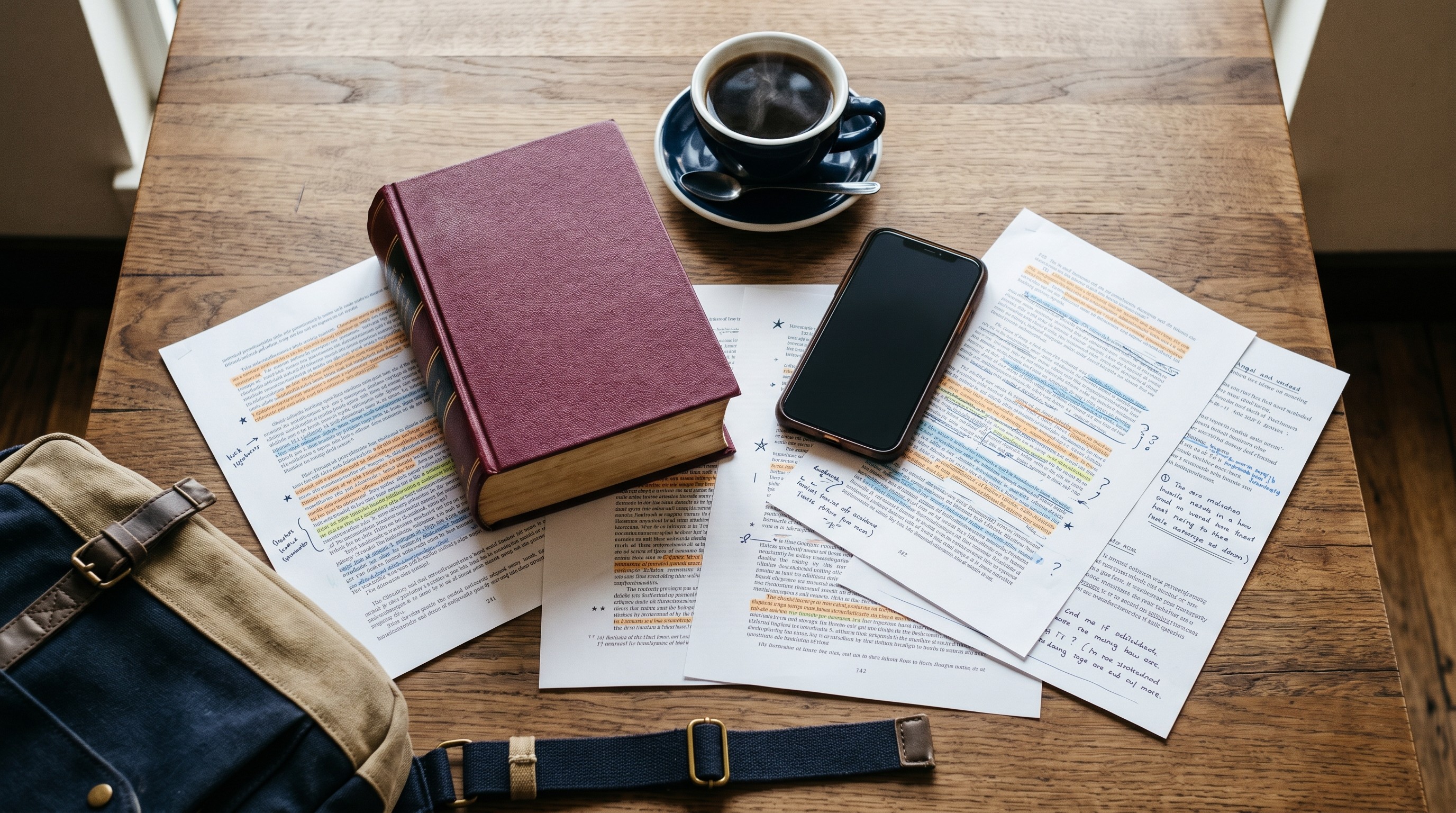 Phone beside casebook and coffee on a study table