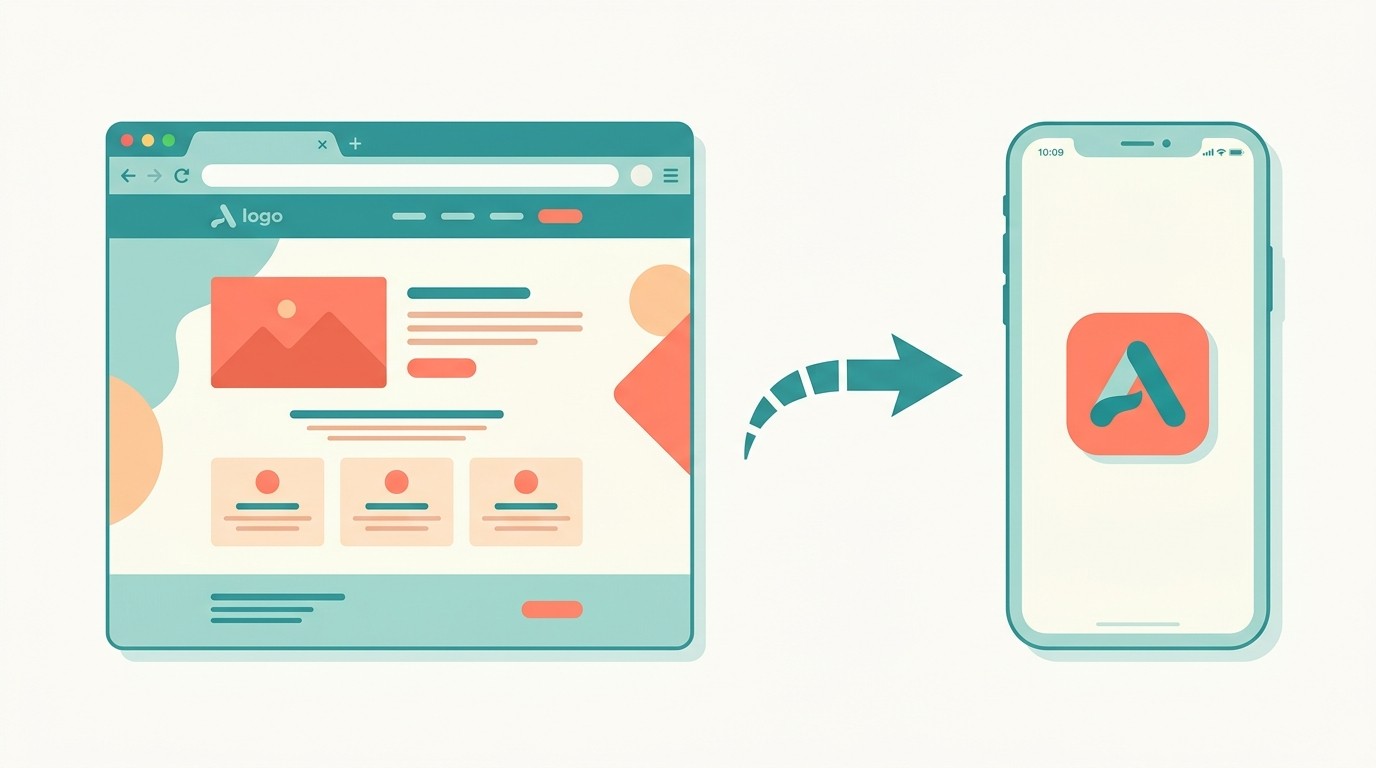Flat illustration of a one page website transforming into a mobile app icon on a phone